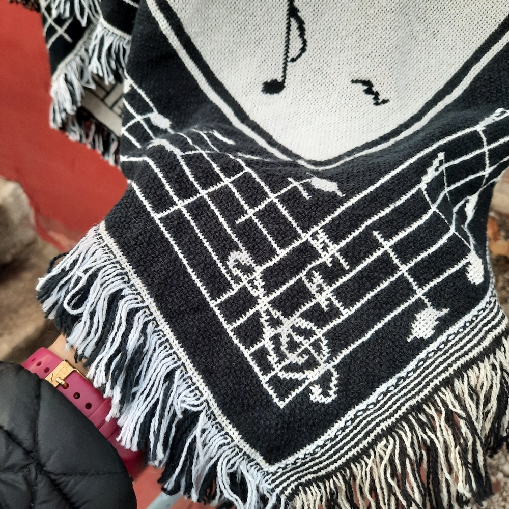 Vintage 90's Tapestry Blanket Throw Coat Poncho Cape Music Notes Fringe Novelty - Picture 4 of 13